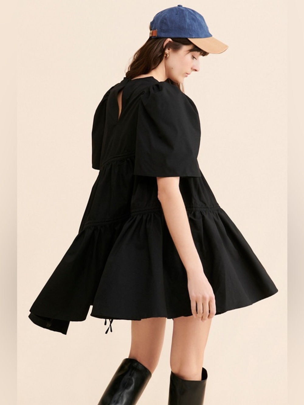 Ghospell Women’s Pia Black Asymmetric Hem Puff Sleeve Ruched Mini Dress Size XS
